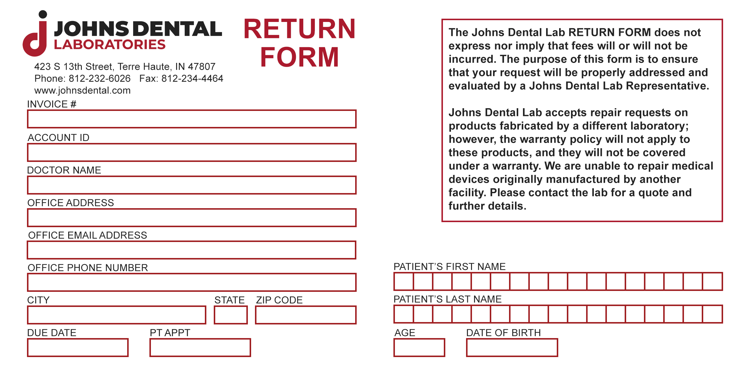 Return Form Front cropped - Johns Dental Lab